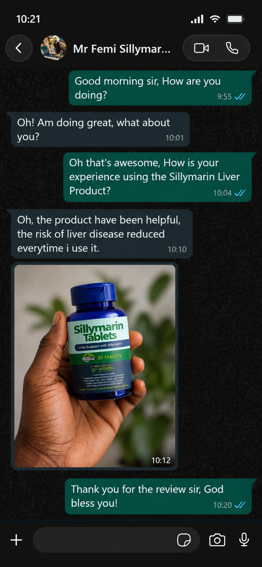 WhatsApp testimonial screenshot from a customer, Femi