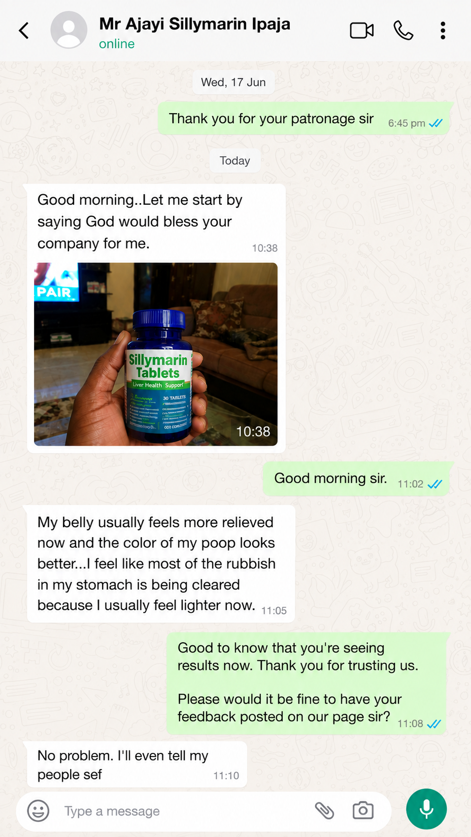 WhatsApp testimonial screenshot from a customer, Mr Ajayi